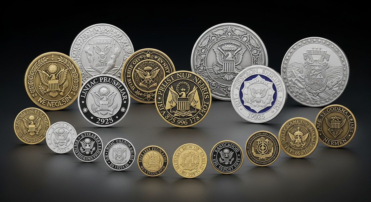 Military challenge coins and commemorative medallions displaying detailed engravings and premium finishes