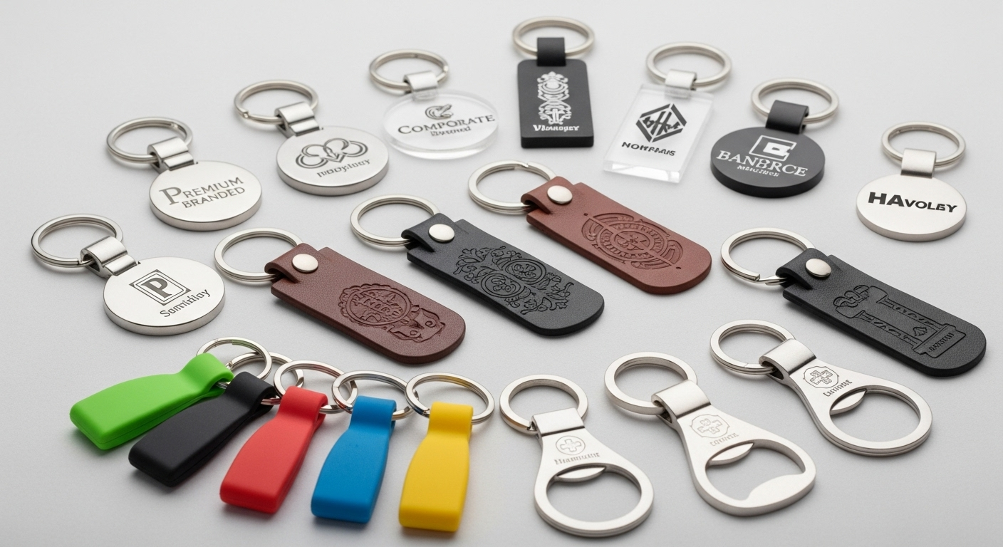 Professional custom keychains collection featuring metal, acrylic, leather, and PVC keychains with corporate branding and custom designs