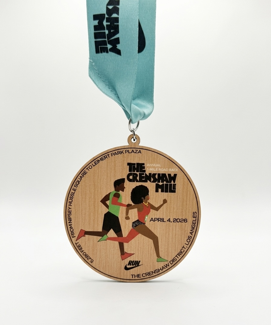 The Crenshaw Mile Nike-Sponsored Wood Finisher Medal - Annual 1-Mile Road Race, April 4, 2026, Crenshaw District Los Angeles