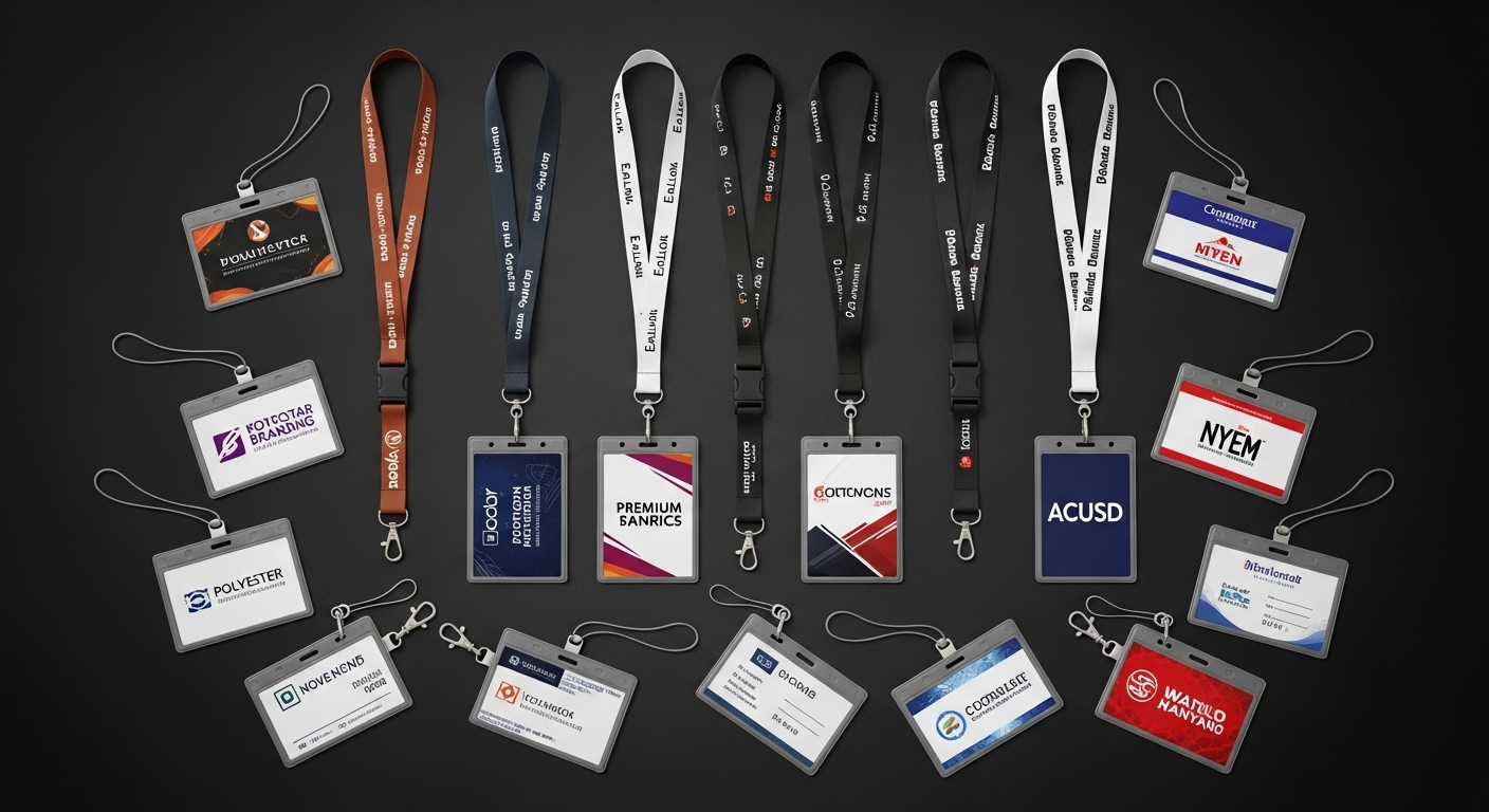Professional conference lanyards and ID badge holders showcasing custom branding and corporate designs