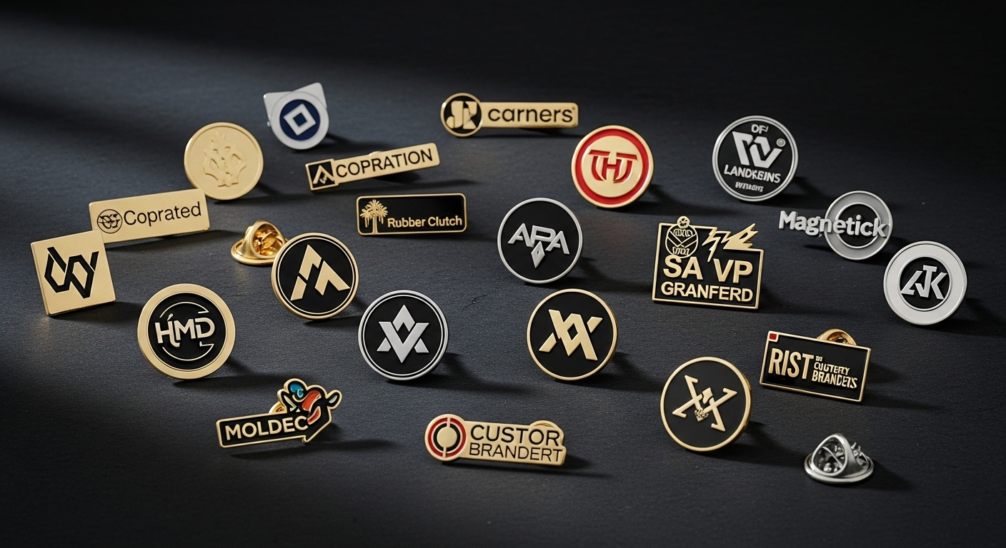 Professional lapel pins collection showcasing corporate logos, event pins, and custom branded accessories