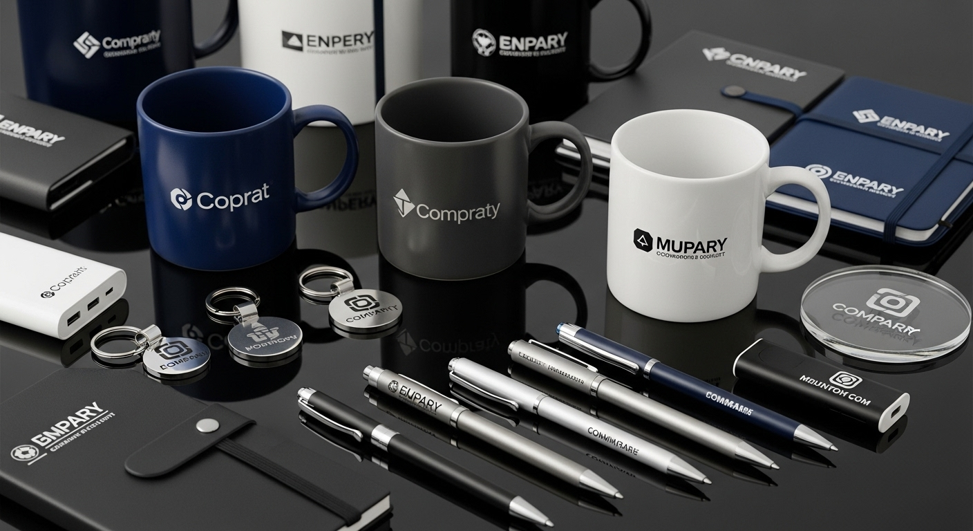 Promotional products collection featuring branded pens, mugs, t-shirts, bags, and corporate marketing materials