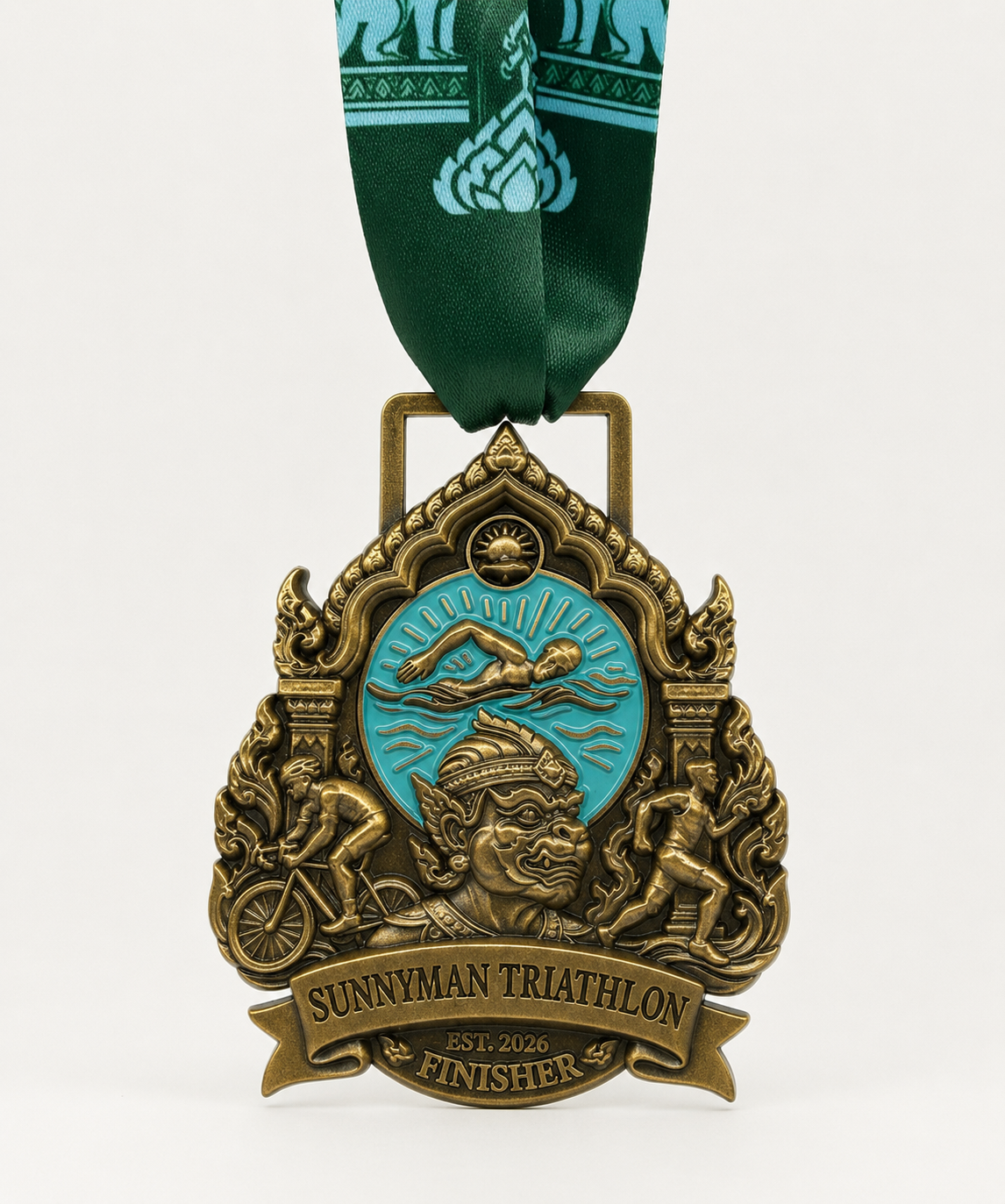 Sunnyman Triathlon Finisher Medal - 3D High Relief with Recessed Text and Fine Detail, Antique Gold with Teal Enamel