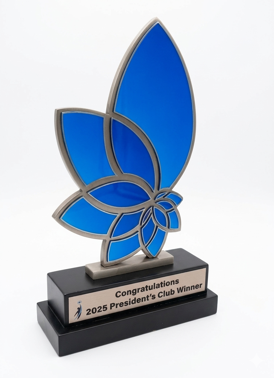 2025 President's Club Winner Custom Fabricated Metal Award on Solid Wood Base with Cobalt Blue Enamel